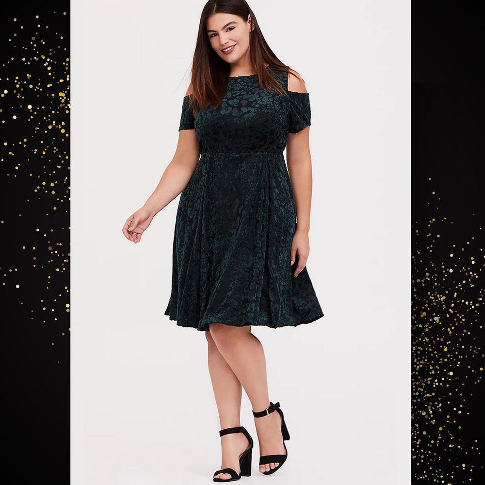 Torrid Green Velvet Cold Shoulder Skater Dress